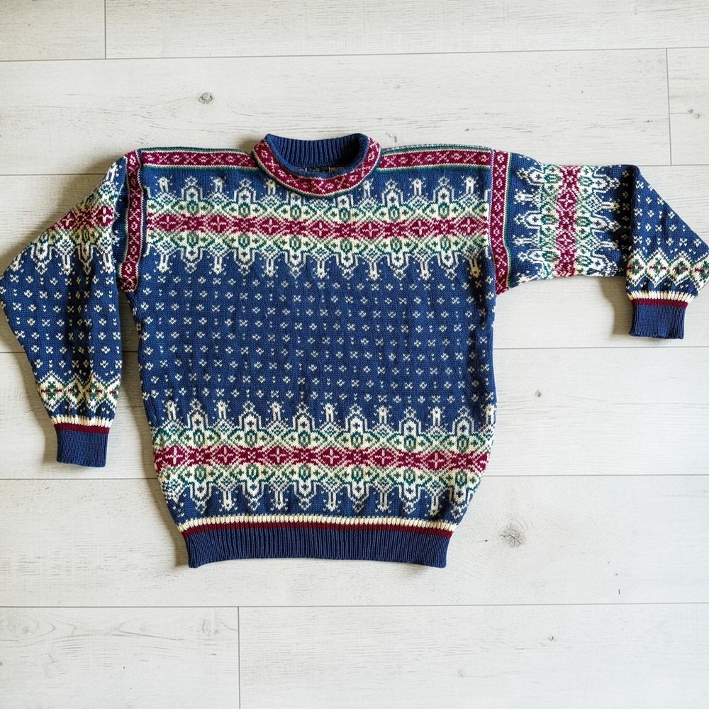 VINTAGE DALE of Norway Blue Wool Albertville 1992 Olympics Pullover Sweater L
